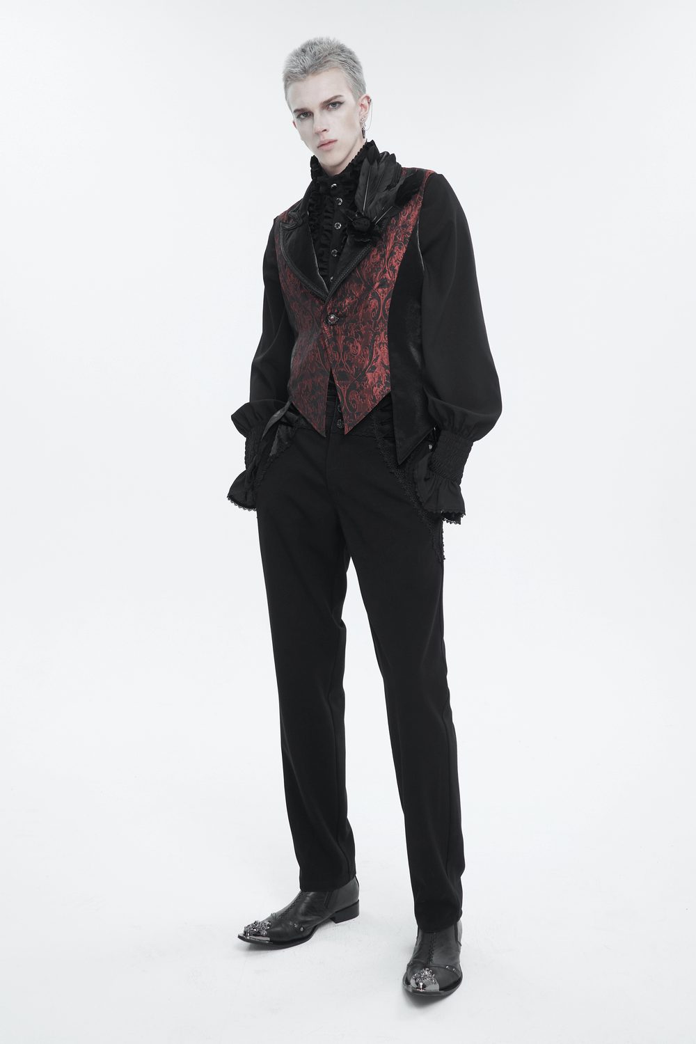 Men's wine red gothic retro feather swallowtail waistcoat in alternative fashion style, with a sophisticated gothic look.