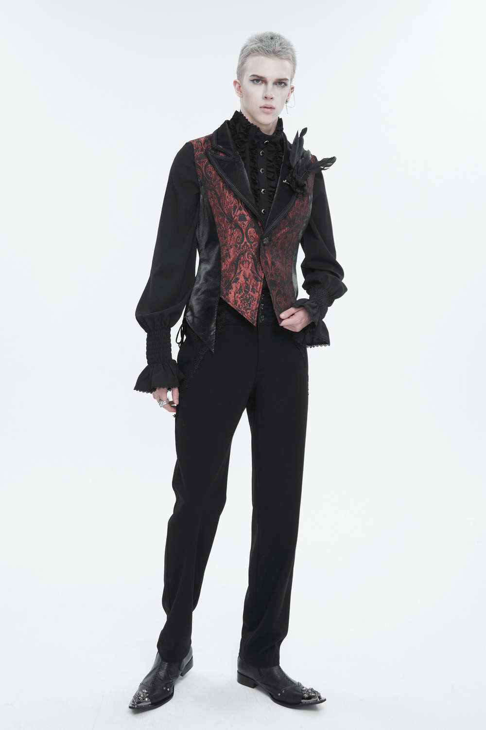 Men's wine-red gothic retro swallowtail waistcoat with feather details, ideal for alternative fashion enthusiasts.
