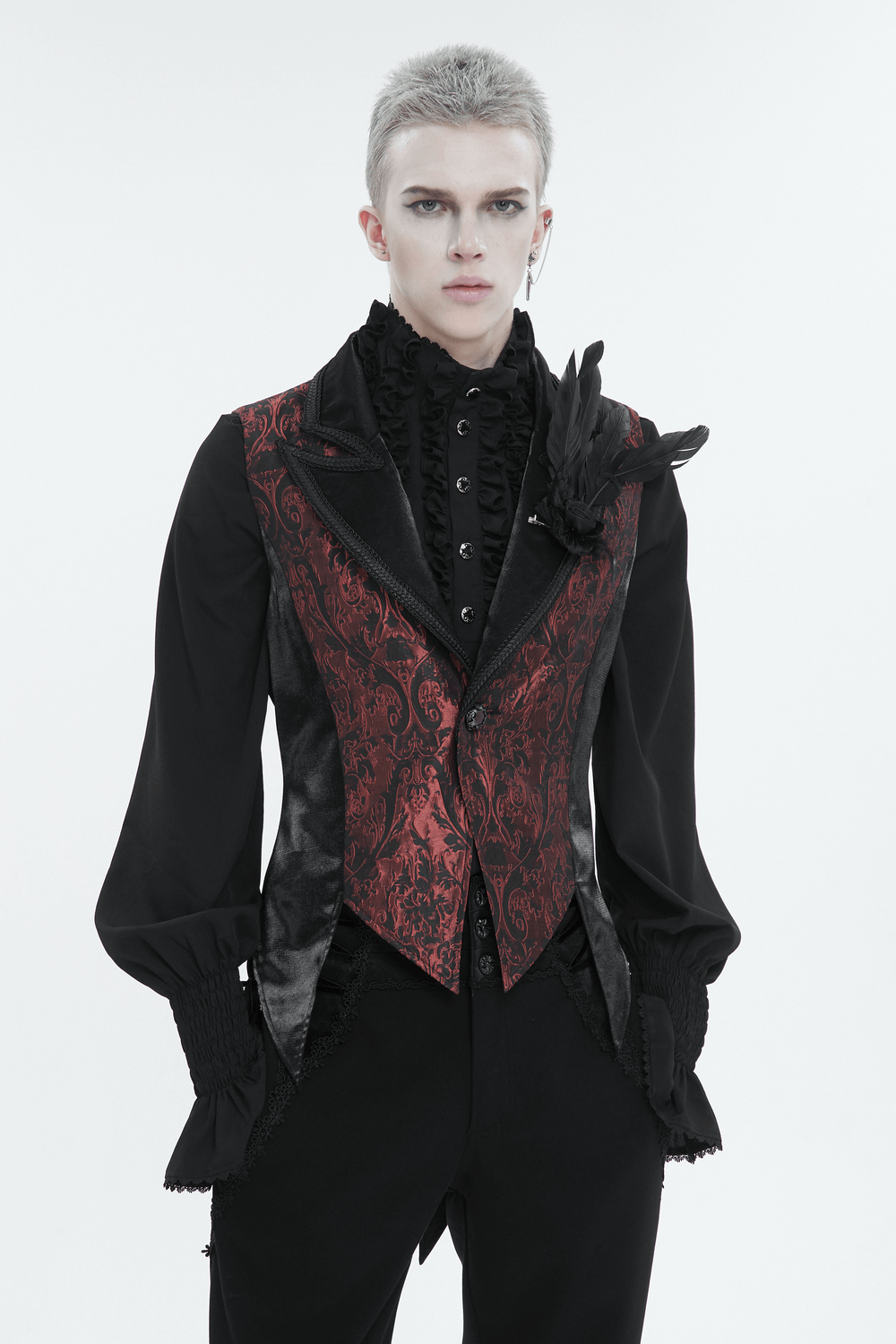 Men's wine red gothic retro feather swallowtail waistcoat showcasing alternative fashion style.