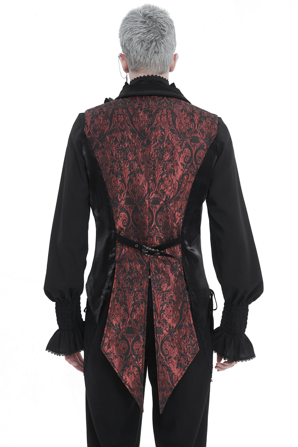 Back view of wine-red gothic retro swallowtail waistcoat for men, showcasing unique feather detailing and bold design.