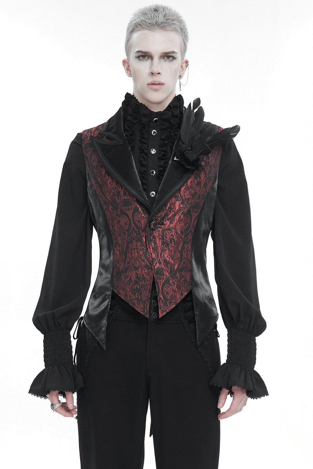 Wine red gothic retro feather swallowtail waistcoat for men, blending alternative fashion with sophistication.