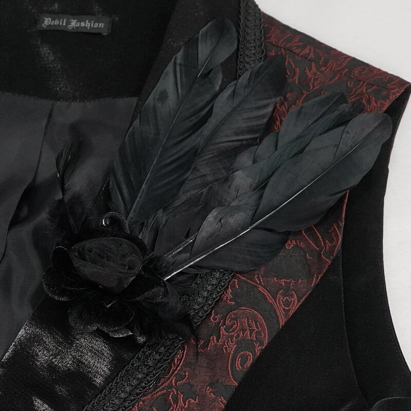 Wine Red Gothic Retro Feather Party Swallowtail Waistcoat for Men / Alternative Fashion - HARD'N'HEAVY