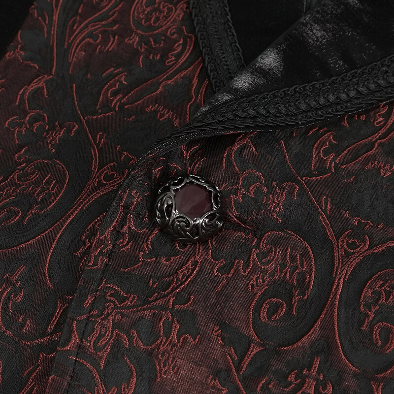 Close-up of wine-red gothic retro waistcoat with ornate button detail in intricate fabric design.