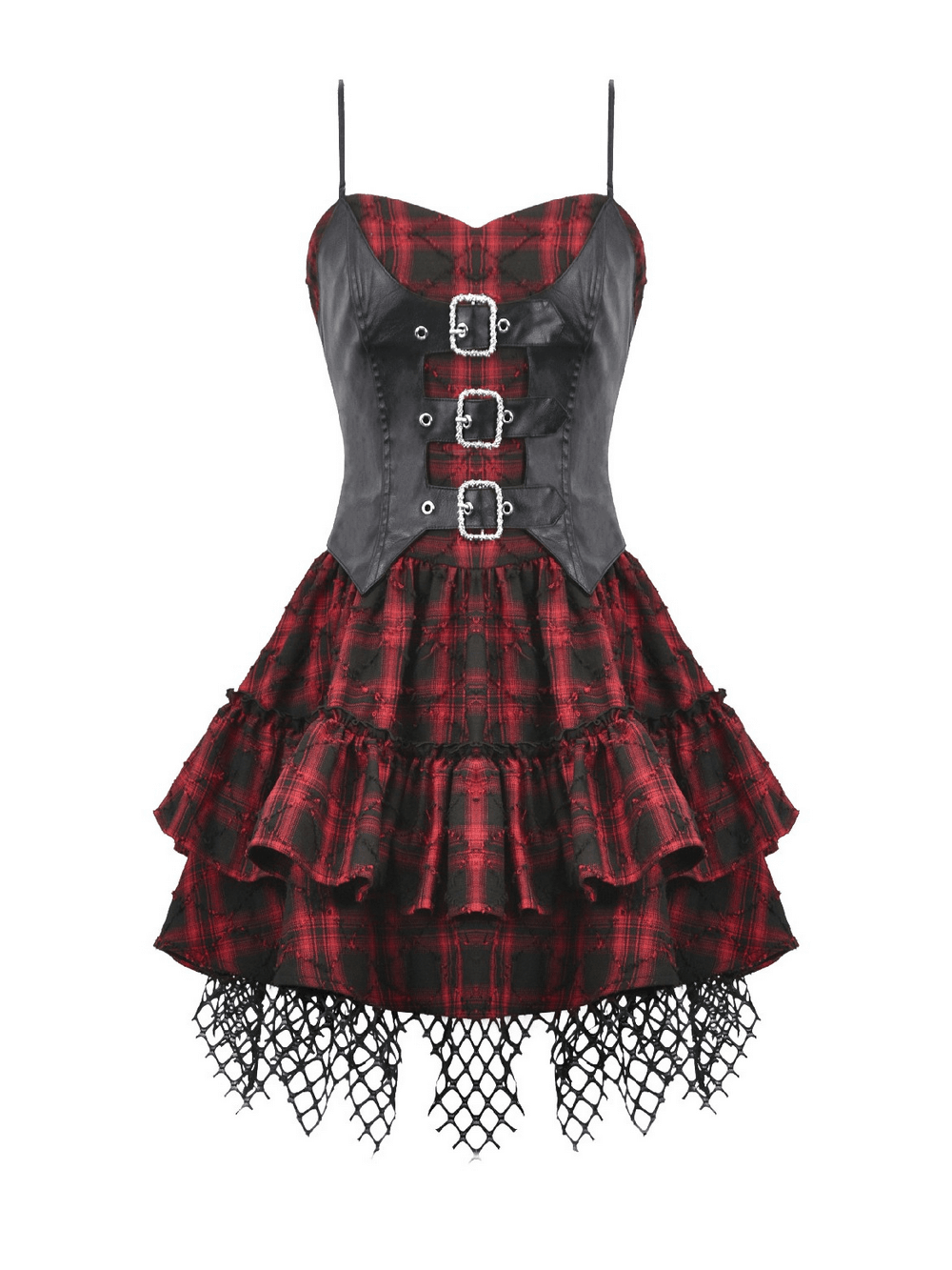 Wine Red Gothic Tartan Corset Mini Dress with Buckles featuring ruffles and fishnet lace hem.