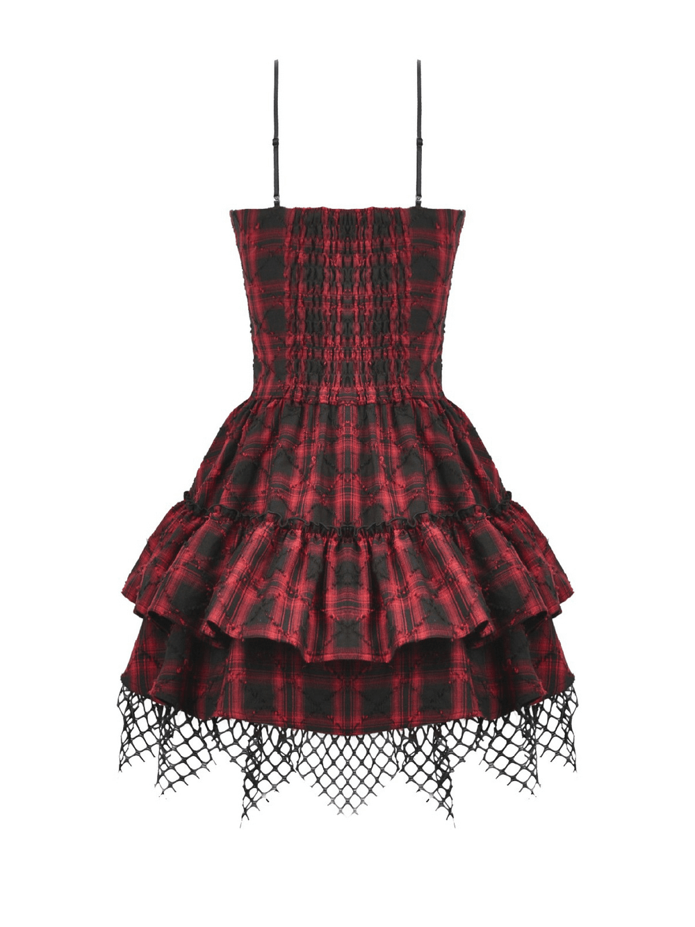 Wine Red Gothic Tartan Corset Mini Dress with Buckles featuring a tiered ruffle skirt and fishnet hem.