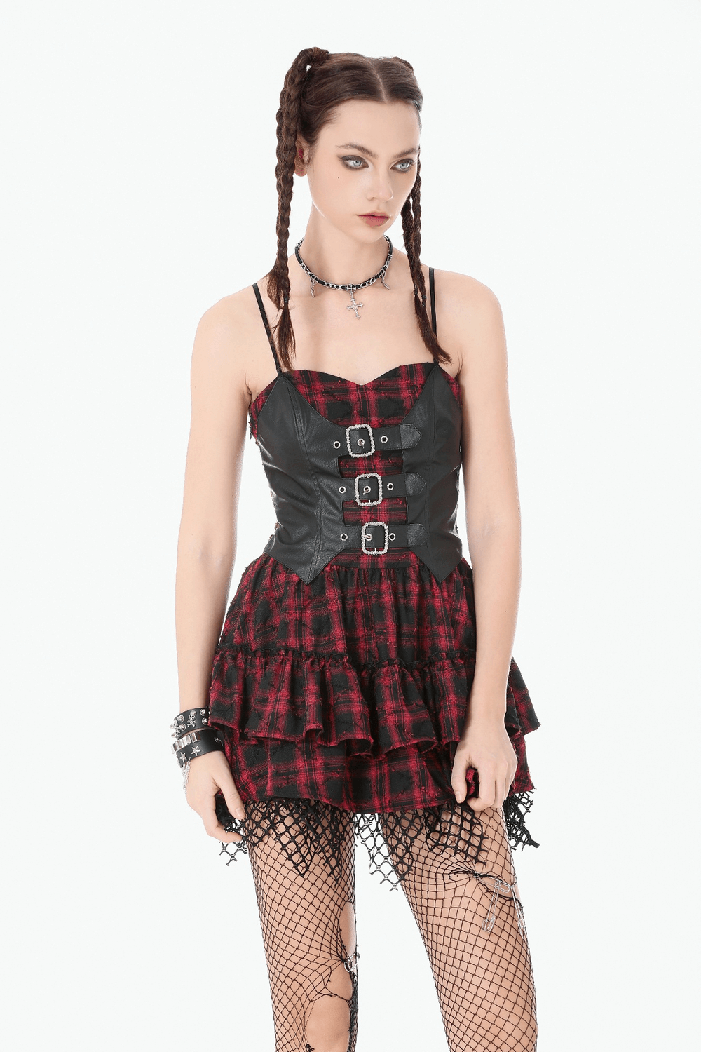 Wine Red Gothic Tartan Corset Mini Dress with Buckles on model showcasing punk goth style.