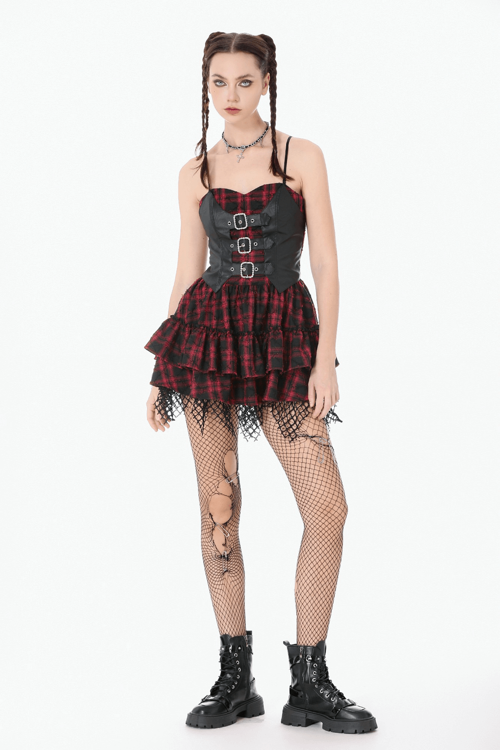 Wine Red Gothic Tartan Corset Mini Dress with Buckles worn by model, showcasing punk style with ruffles and fishnet.