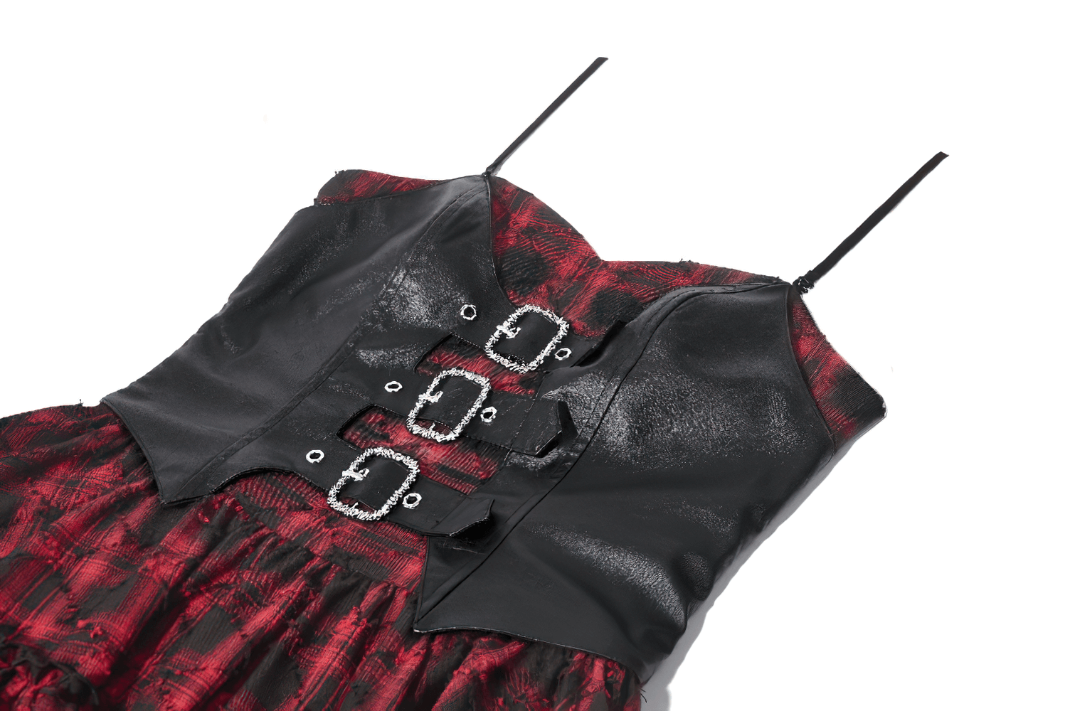Wine Red Gothic Tartan Corset Mini Dress with Buckles showcasing faux leather bodice and tiered ruffle skirt.