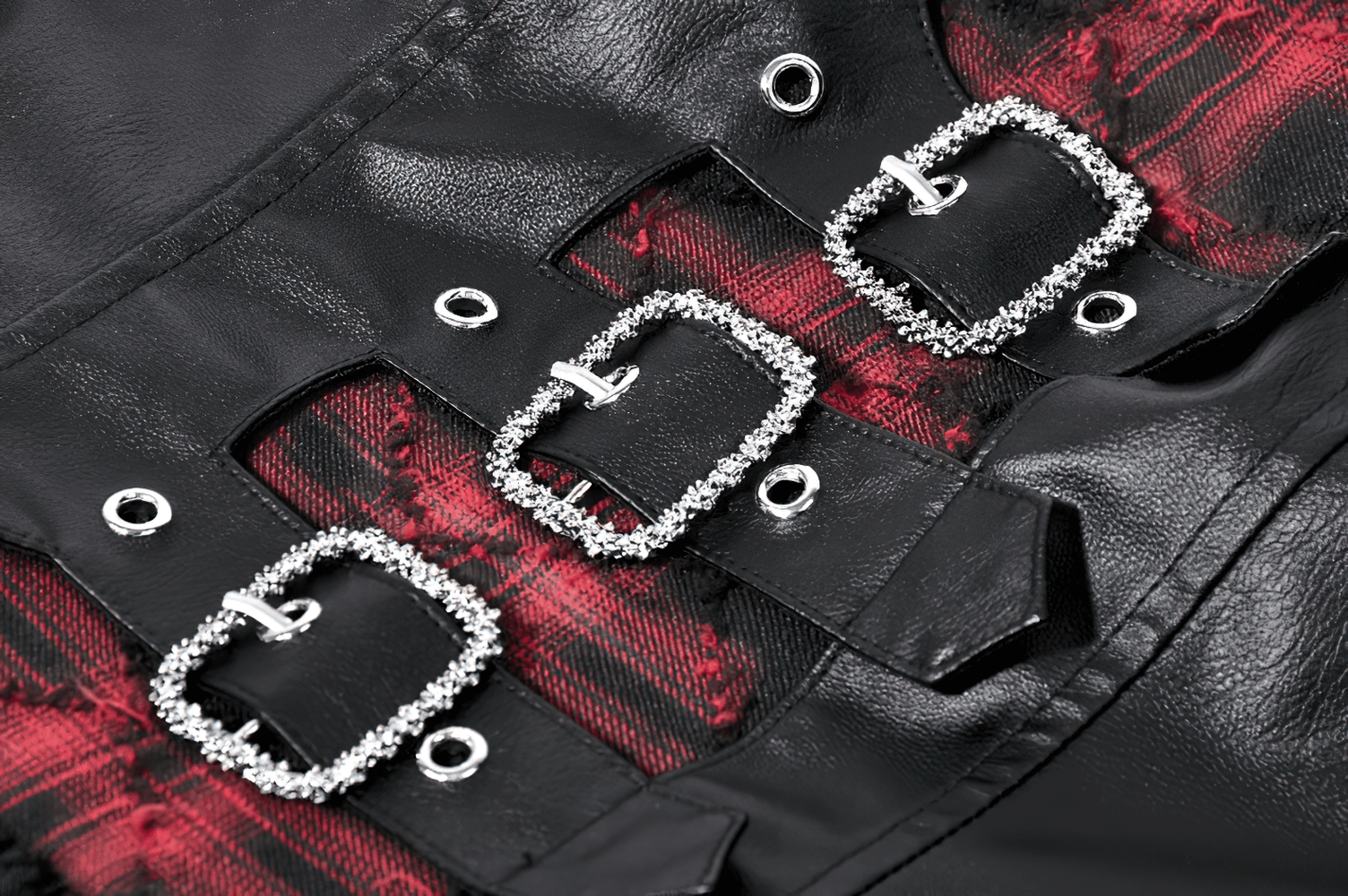 Close-up of buckles on the Wine Red Gothic Tartan Corset Mini Dress with Buckles showcasing punk style.