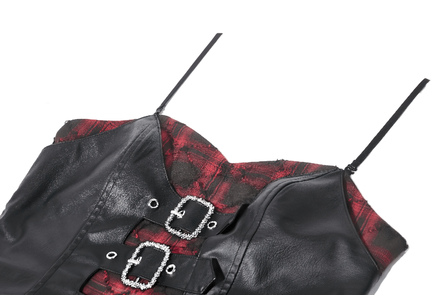 Wine Red Gothic Tartan Corset Mini Dress with Buckles featuring a faux leather bodice and triple buckle straps.