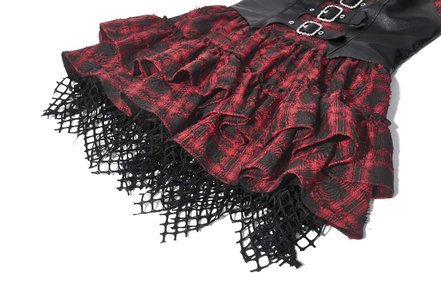 Wine Red Gothic Tartan Corset Mini Dress with Buckles featuring ruffled fishnet hem and buckled bodice.
