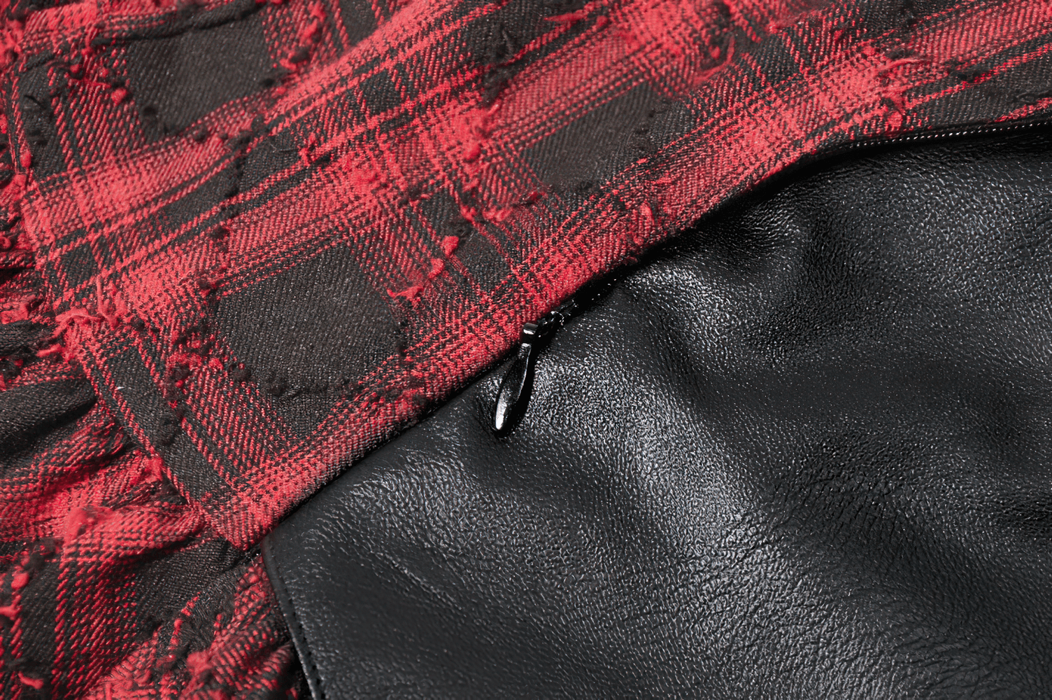 Wine Red Gothic Tartan Corset Mini Dress with Buckles fabric close-up showing tartan pattern and faux leather details.