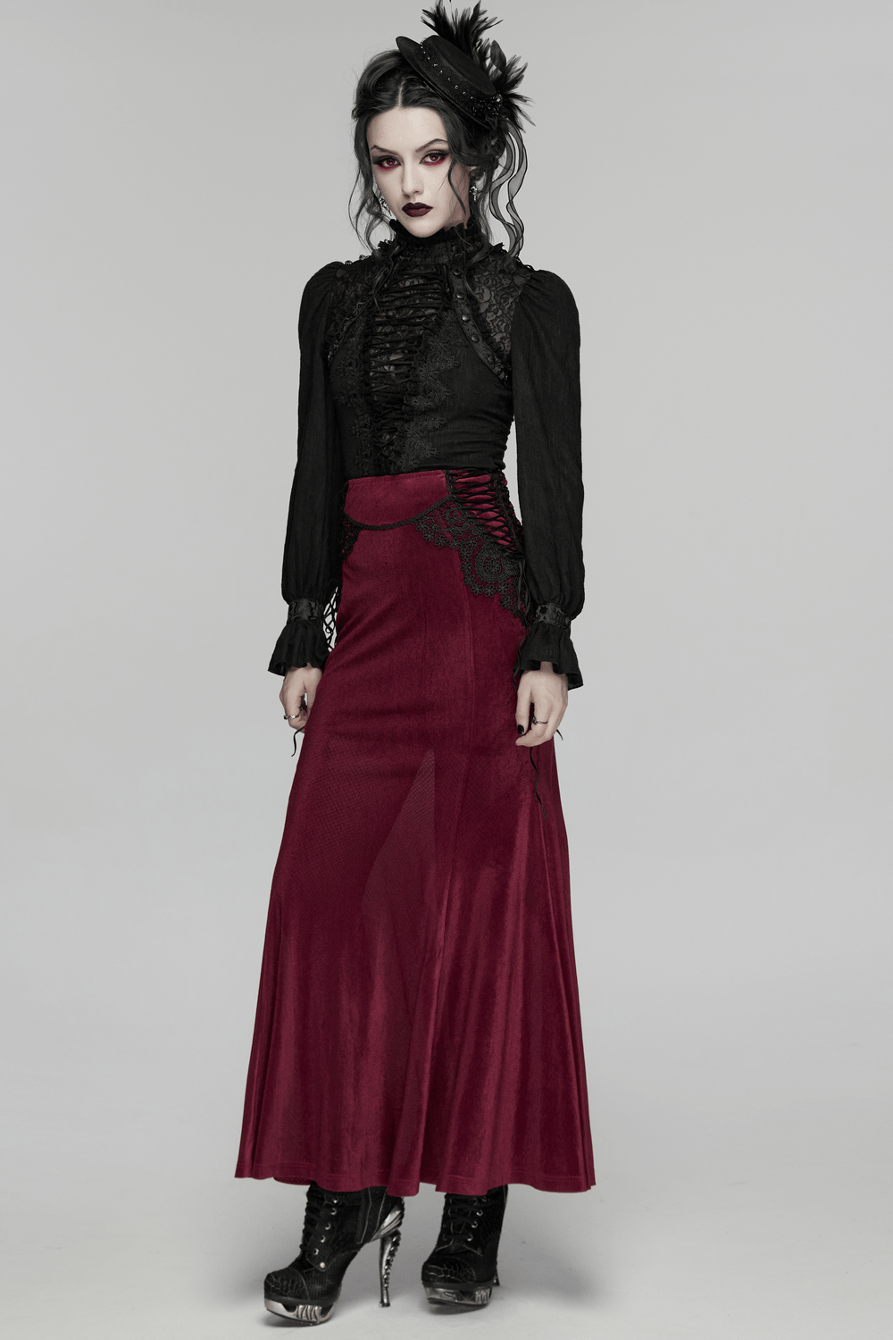 Wine Red Gothic Velvet Fishtail Skirt with Lace Details paired with a black Victorian blouse for a dark, elegant look.