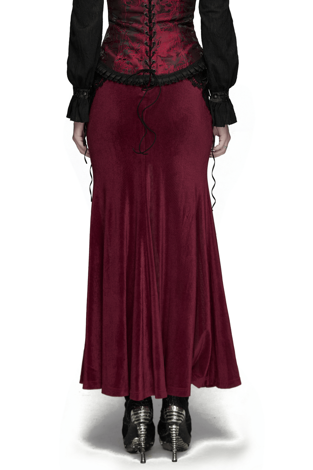 Wine Red Gothic Velvet Fishtail Skirt with Lace Details displayed on a model, showcasing the flowing hem and side ties.