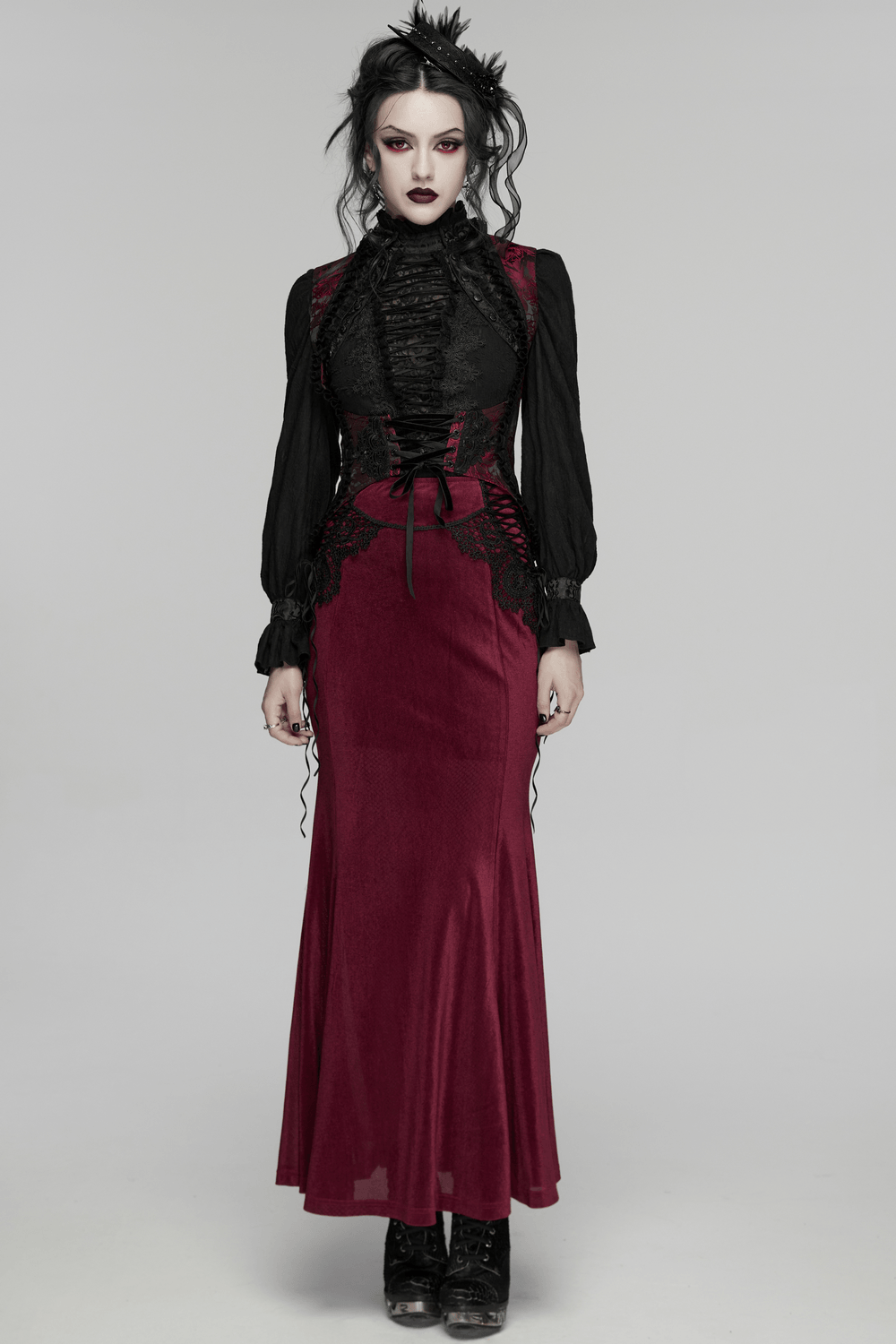 Wine Red Gothic Velvet Fishtail Skirt with Lace Details worn by a model with a dramatic makeup look.