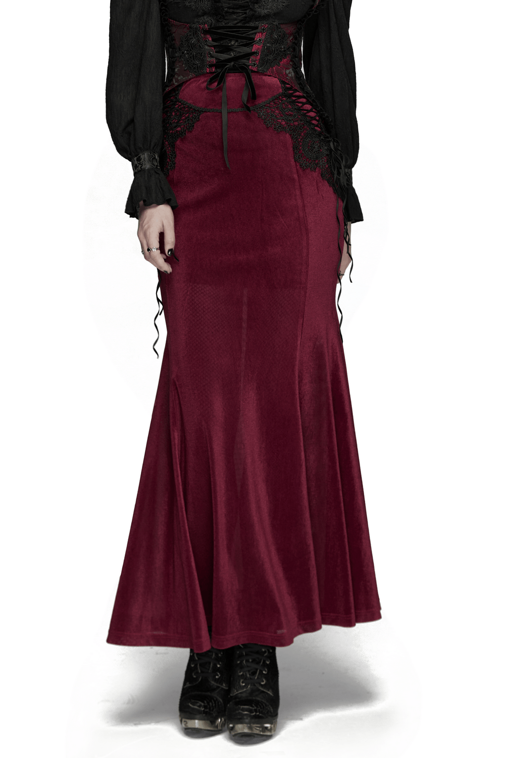 Wine Red Gothic Velvet Fishtail Skirt with Lace Details, featuring a sleek silhouette and flowing mermaid hem.