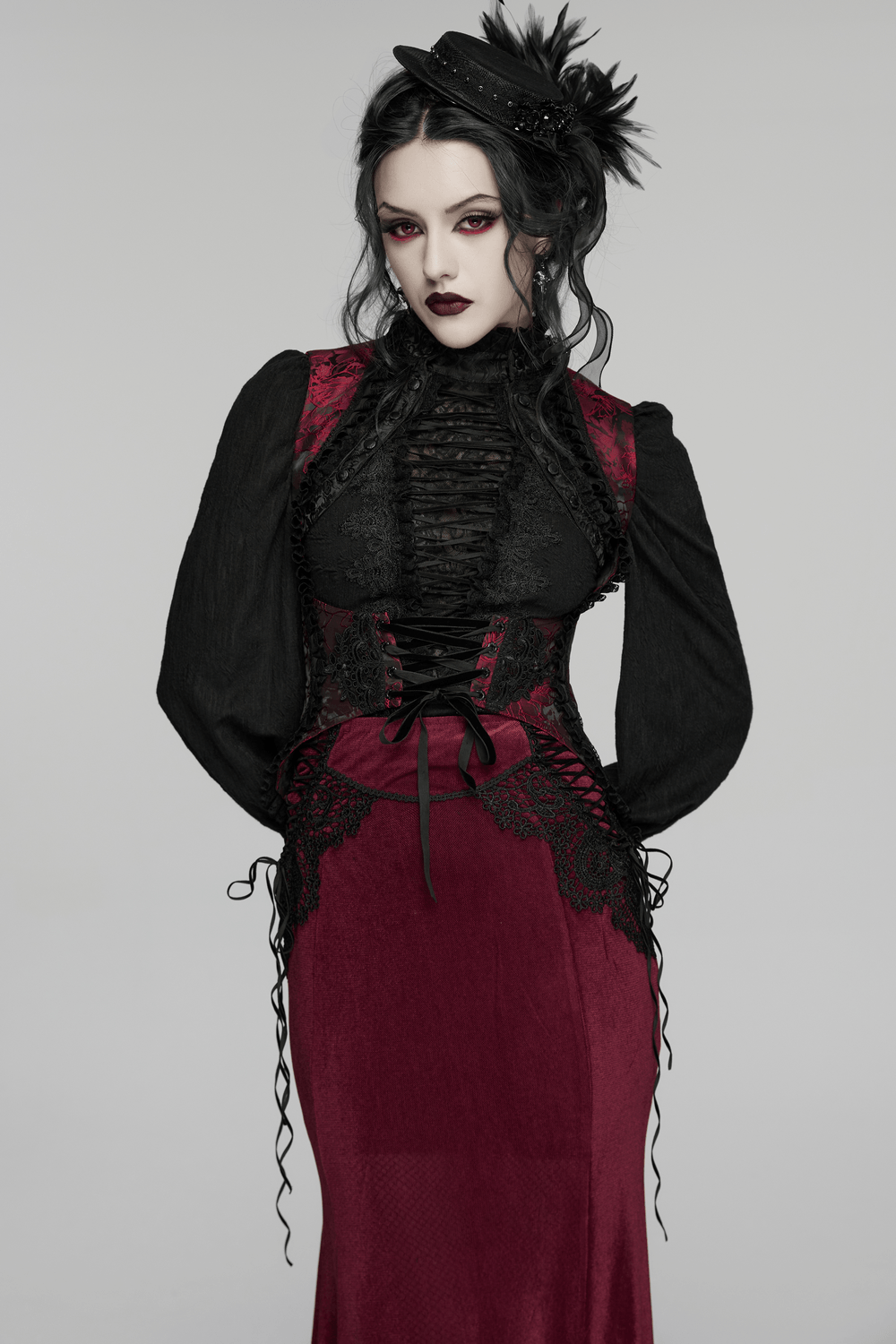Wine Red Gothic Velvet Fishtail Skirt with Lace Details paired with a dramatic black top and styled gothic accessories.