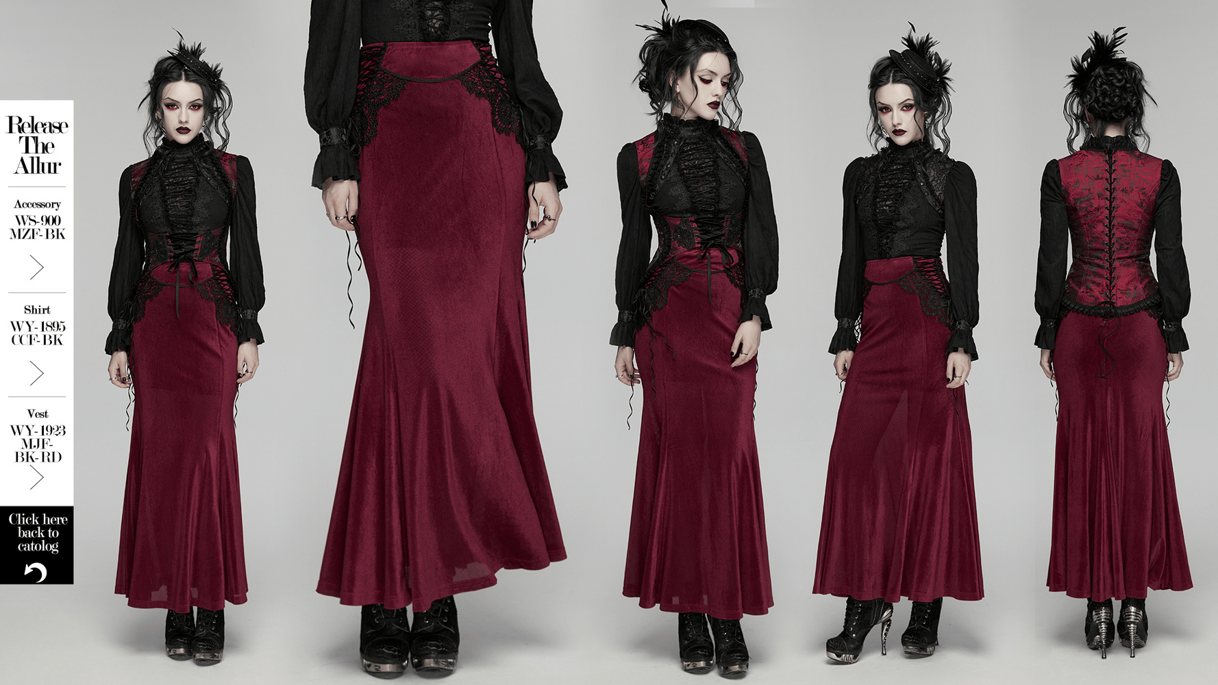 Wine Red Gothic Velvet Fishtail Skirt with Lace Details on model, showcasing gothic elegance and flowing silhouette.