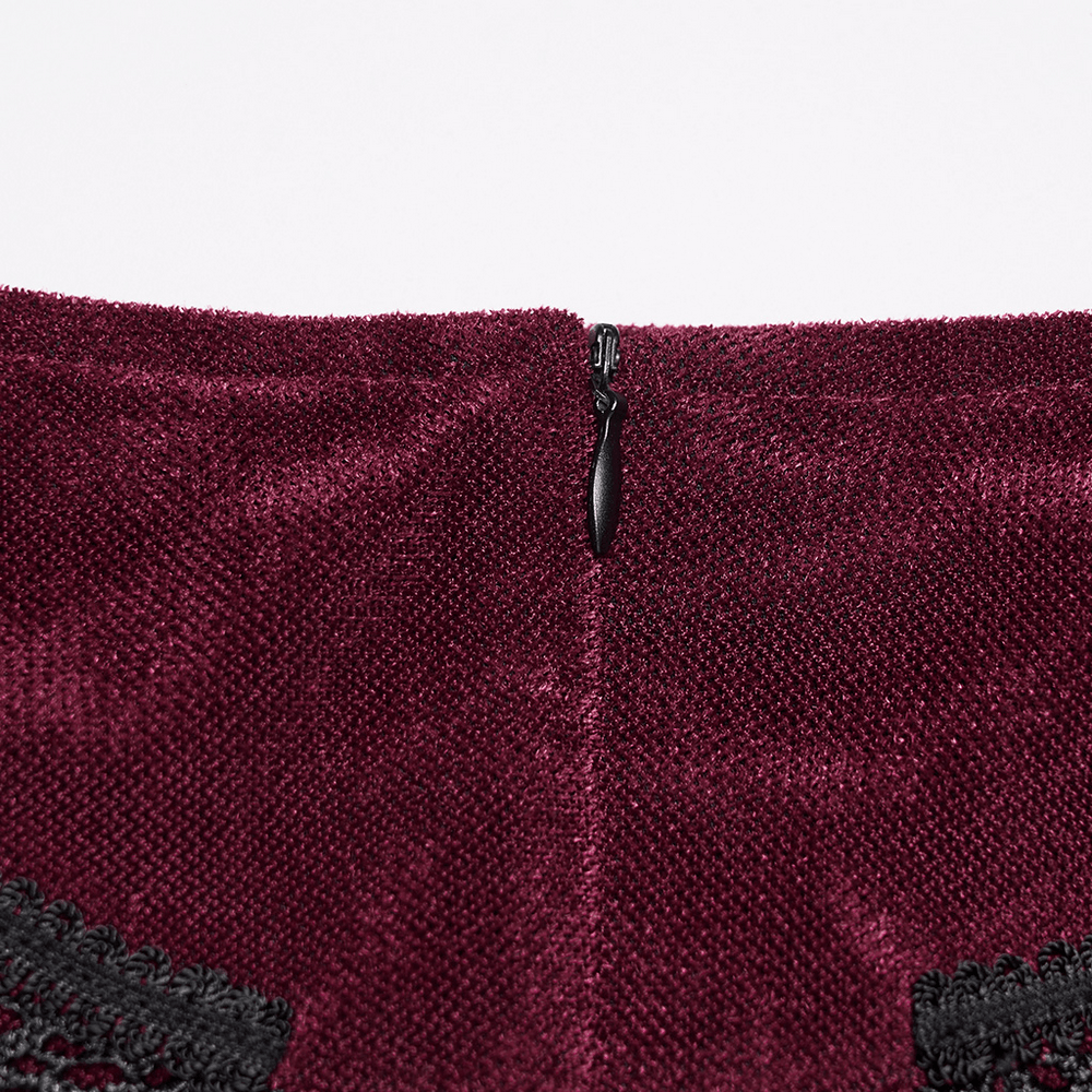 Wine Red Gothic Velvet Fishtail Skirt with Lace Details zipper detail on soft fabric for a sleek silhouette.