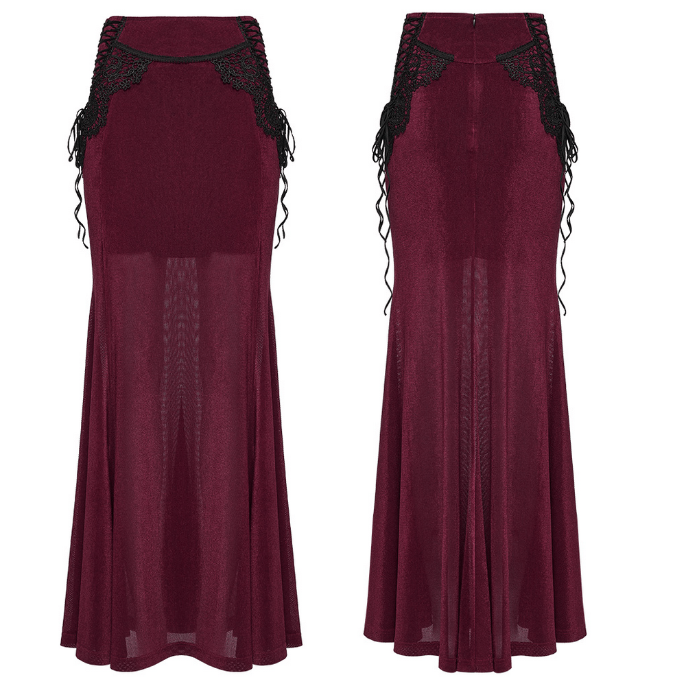 Wine Red Gothic Velvet Fishtail Skirt with Lace Details, featuring lace hips and flowing mermaid hem.