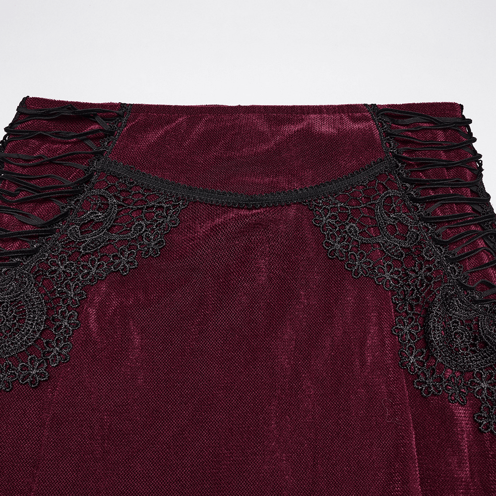 Wine Red Gothic Velvet Fishtail Skirt with Lace Details close-up showcasing lace and side ties.