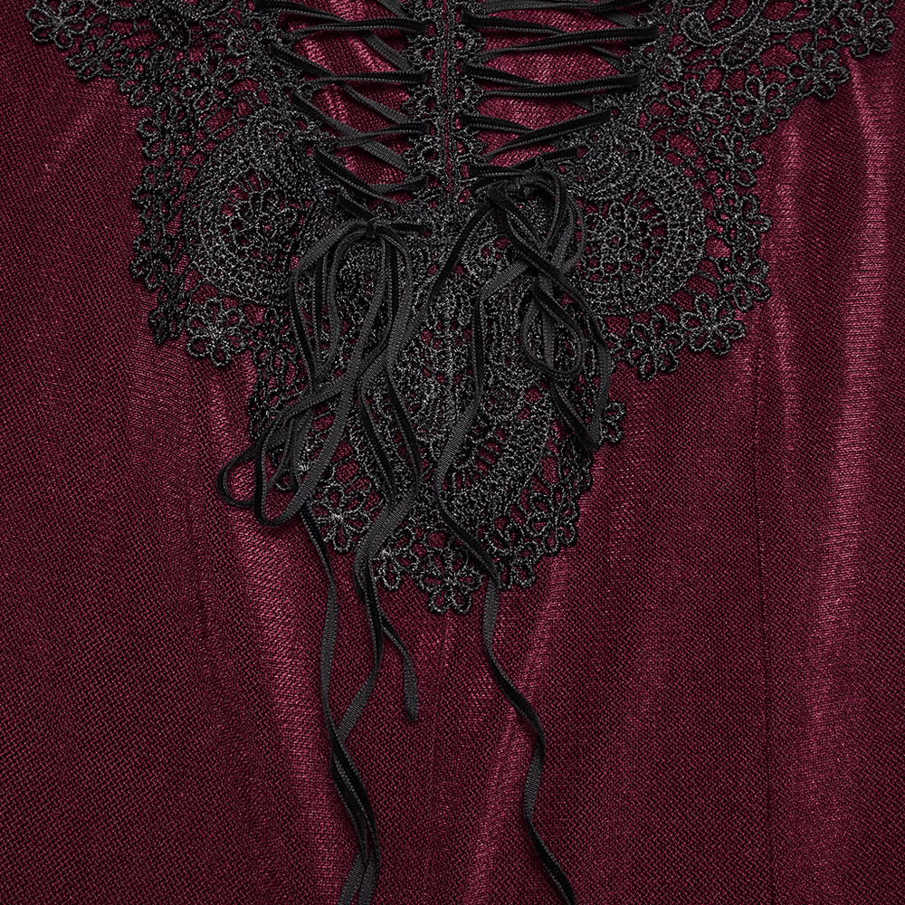 Wine Red Gothic Velvet Fishtail Skirt with Lace Details close-up of intricate lace and velvet texture.