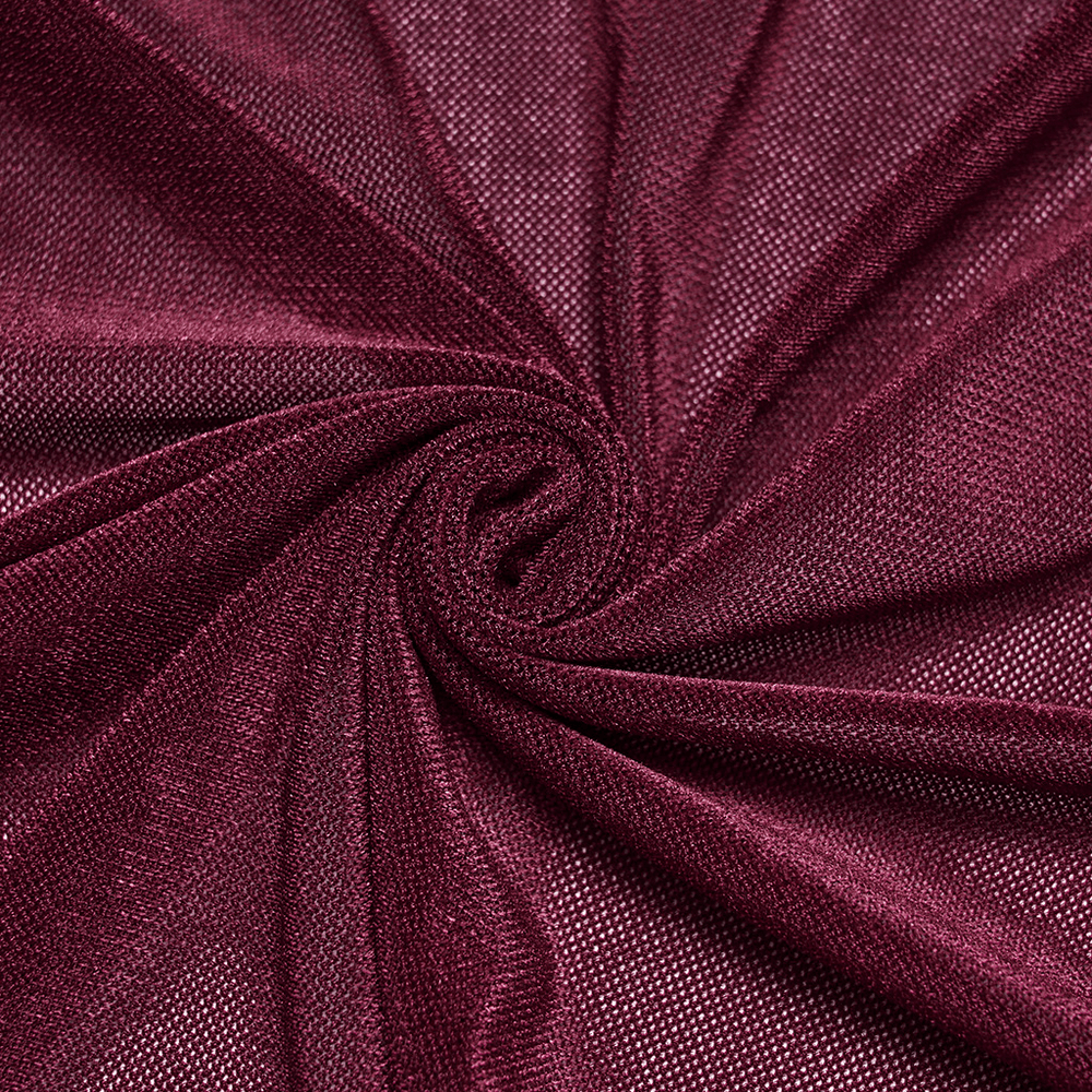 Wine Red Gothic Velvet Fishtail Skirt with Lace Details velvet fabric close-up showcasing rich texture.