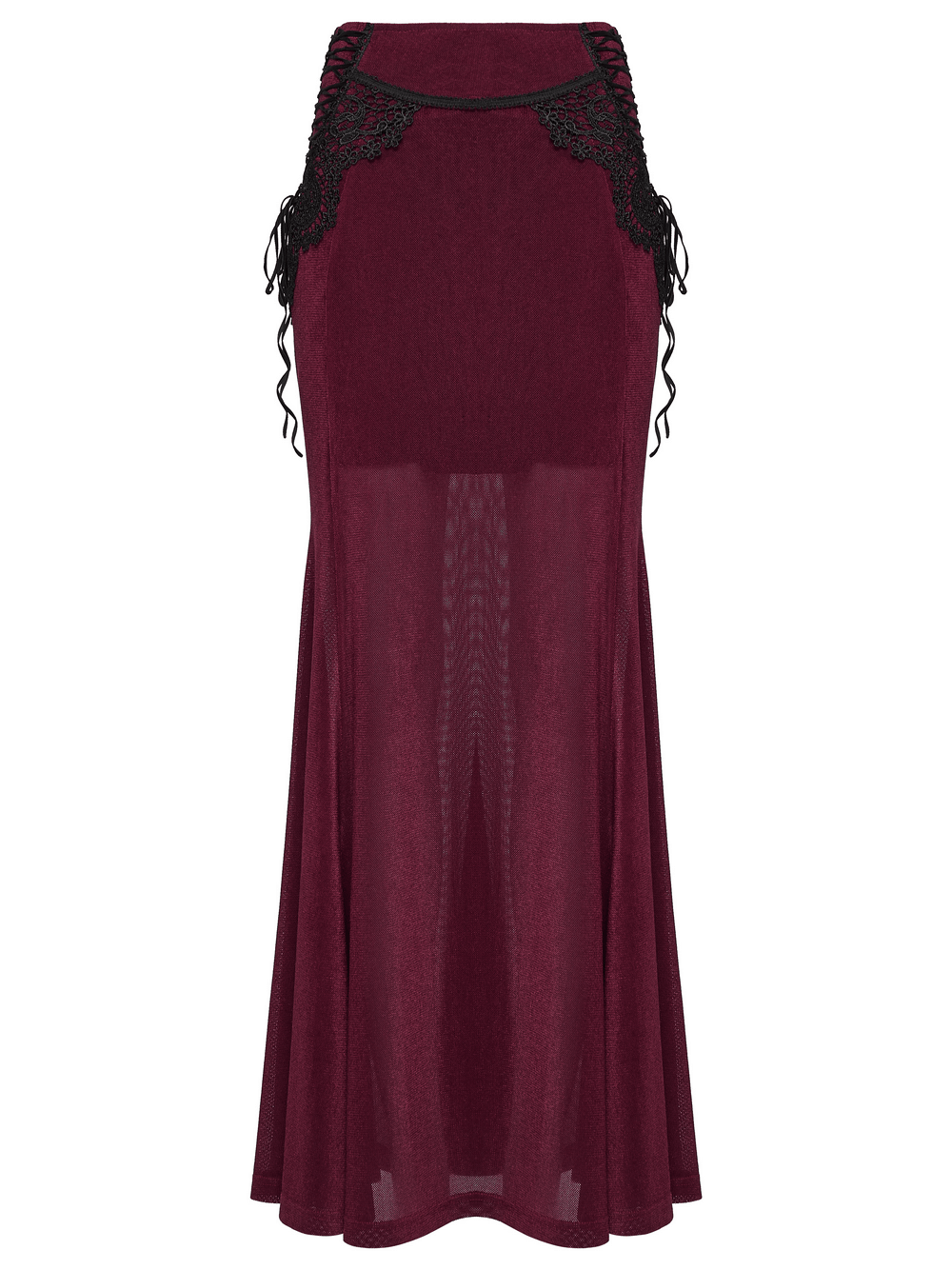 Wine Red Gothic Velvet Fishtail Skirt with Lace Details, featuring a flowing hem and black lace accents.
