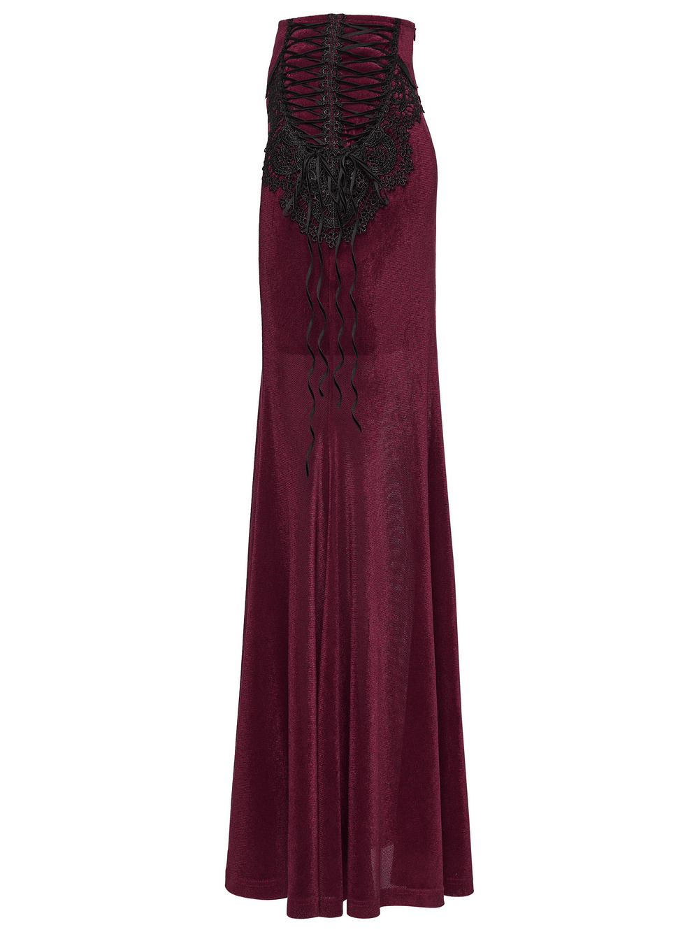 Wine Red Gothic Velvet Fishtail Skirt with Lace Details showcasing side ties and mermaid hem for a dramatic look.