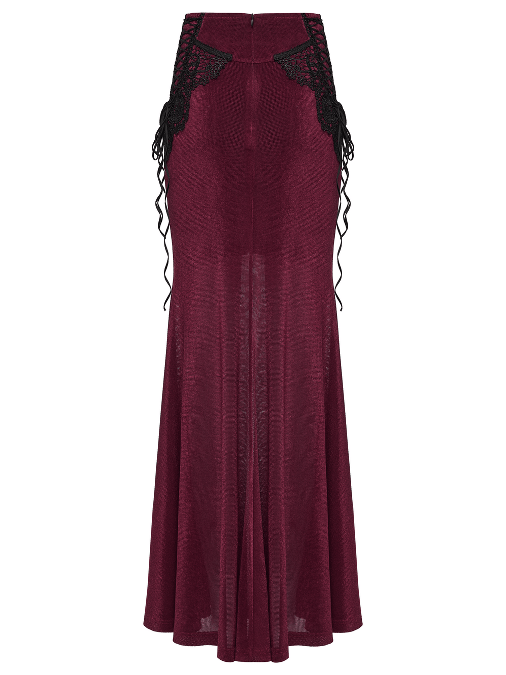 Wine Red Gothic Velvet Fishtail Skirt with Lace Details showcasing lace accents and flowing mermaid hem.