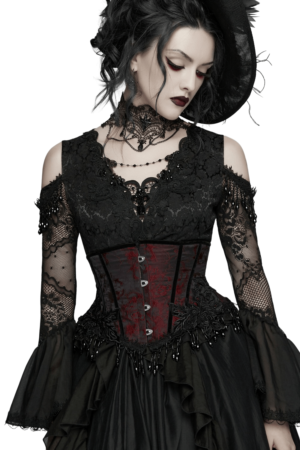 Alt Tag: Wine Red Jacquard Gothic Underbust Corset with Fringe worn with black lace gothic dress, front busk closure and beaded tassels