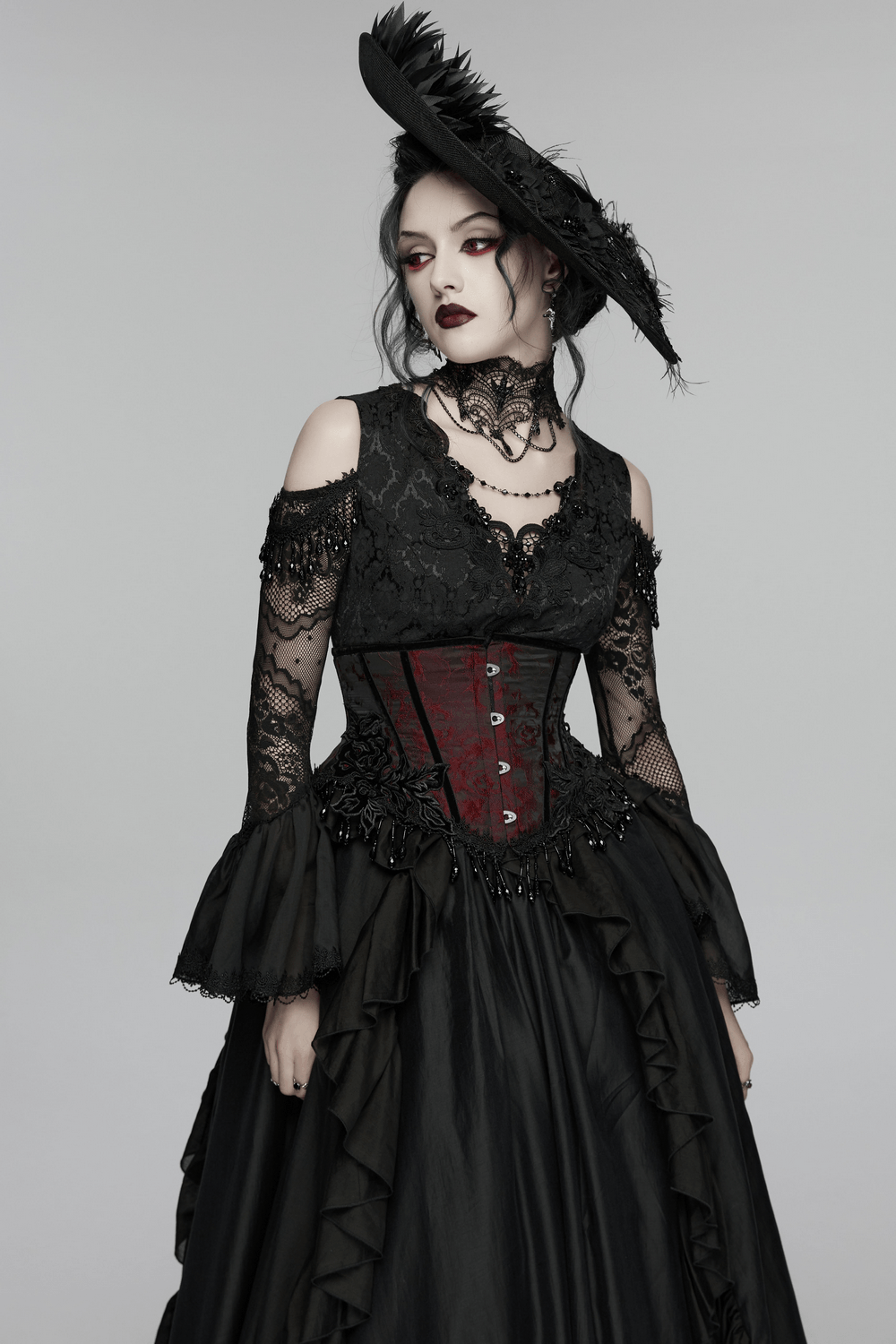Wine Red Jacquard Gothic Underbust Corset with Fringe worn over black lace gothic dress, lace-up waist cincher with beaded tassels