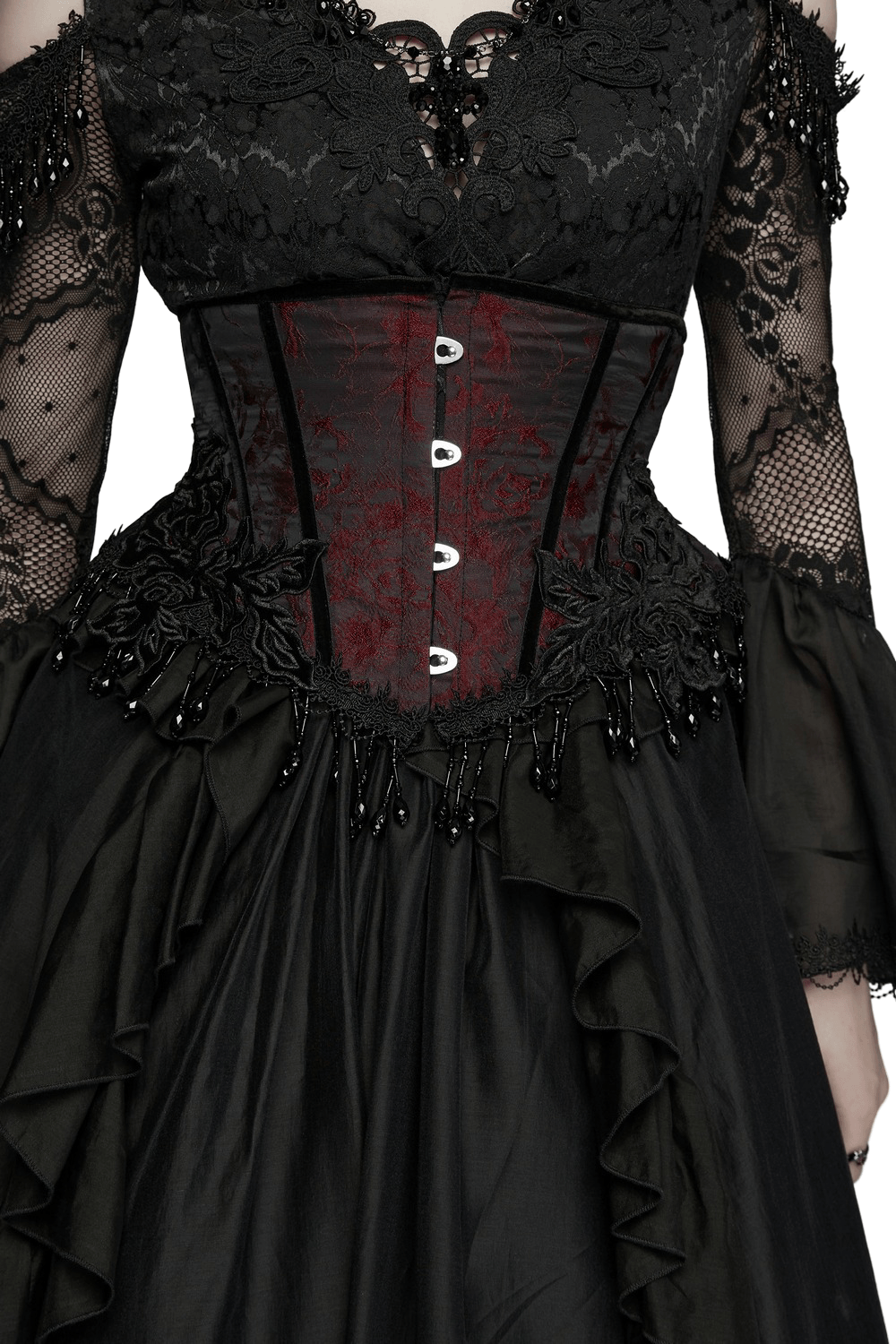 Alt Tag: Wine Red Jacquard Gothic Underbust Corset with Fringe on black lace dress, front busk closure, sculpting waist cincher vibe