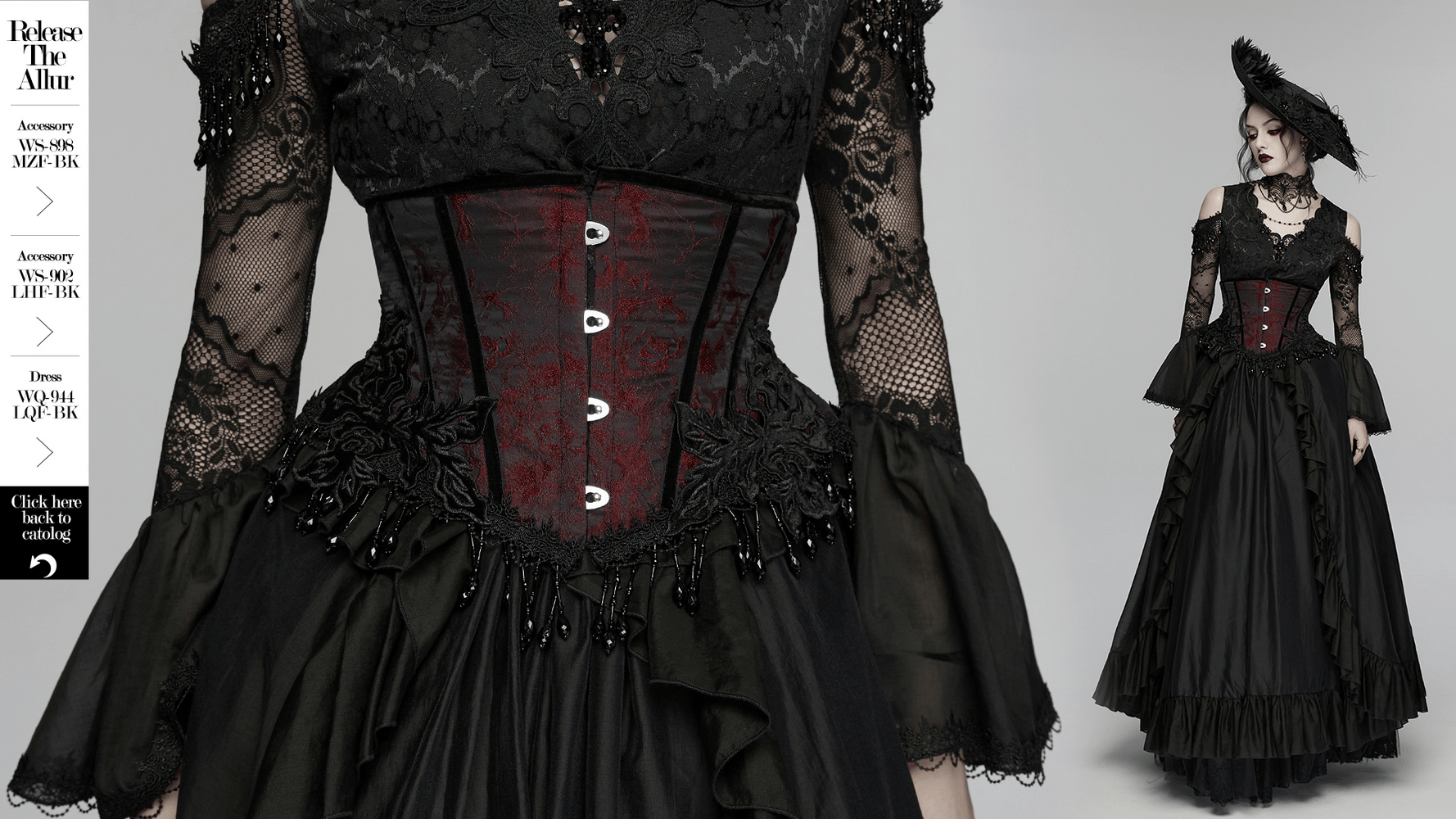 Alt Tag: Wine Red Jacquard Gothic Underbust Corset with Fringe on black lace gothic dress, front busk closure, beaded tassel fringe detail