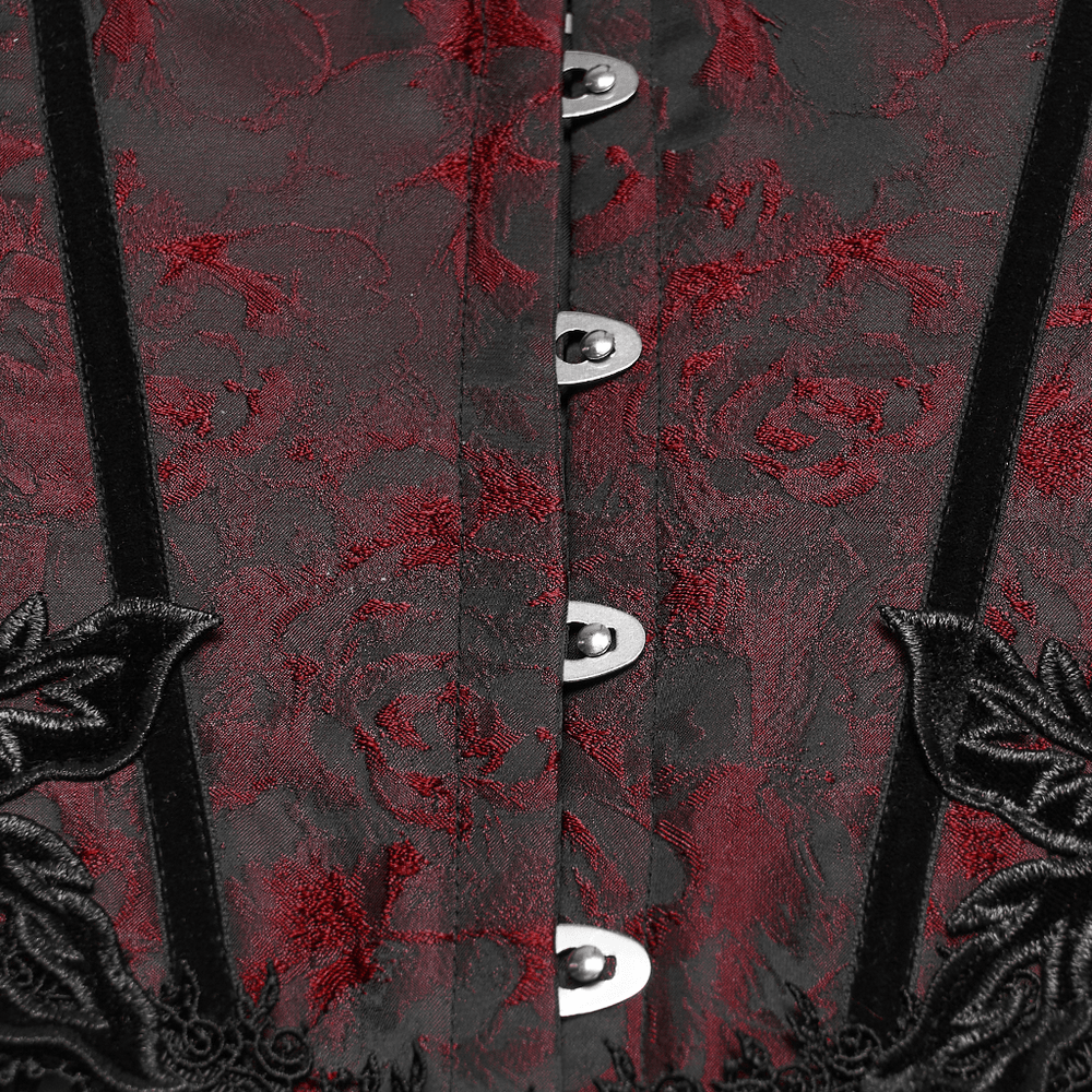 Alt Tag: Wine Red Jacquard Gothic Underbust Corset with Fringe close-up of red-black rose jacquard, front busk clasps, velvet trim