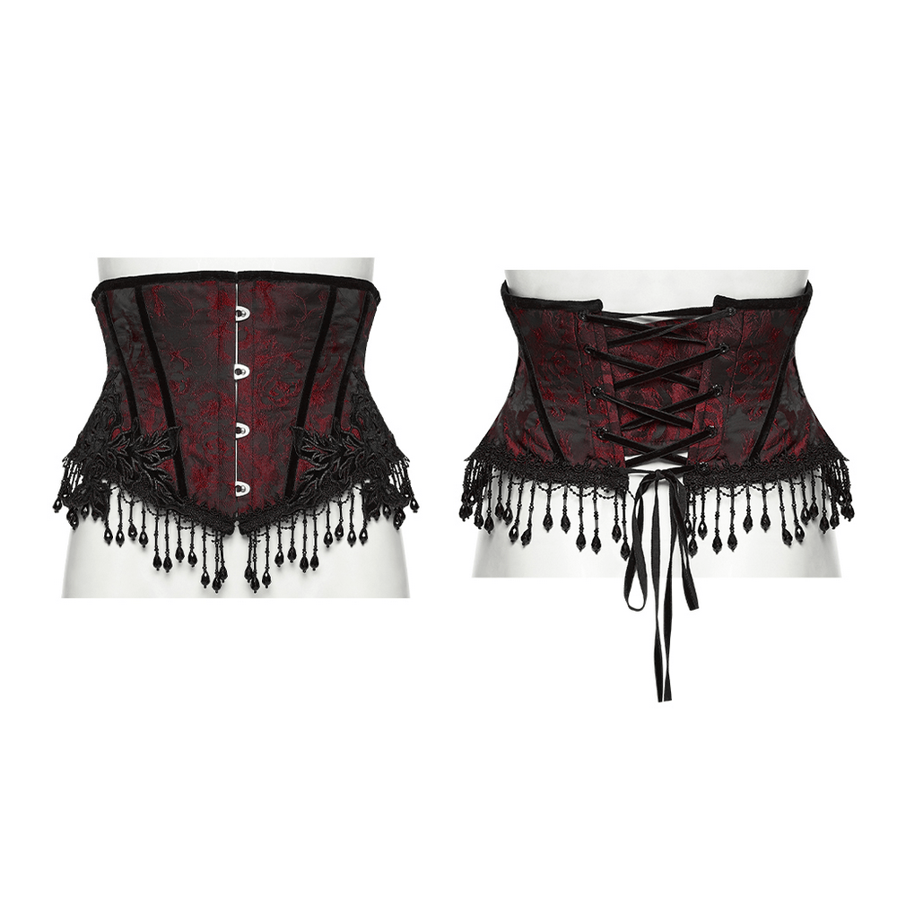 Alt Tag: Wine Red Jacquard Gothic Underbust Corset with Fringe front and back view, red-black jacquard, beaded tassels, lace-up back