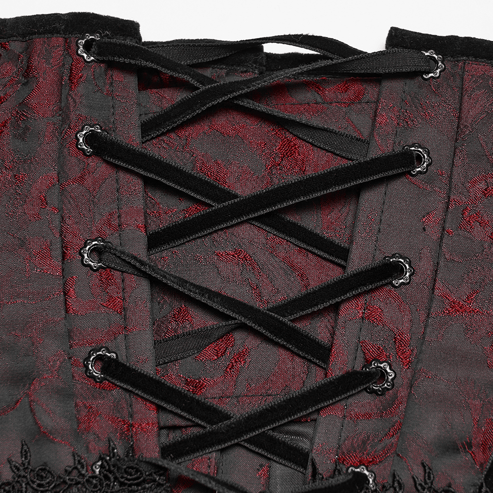 Alt Tag: Wine Red Jacquard Gothic Underbust Corset with Fringe lace-up back detail in red-black jacquard with black satin lacing