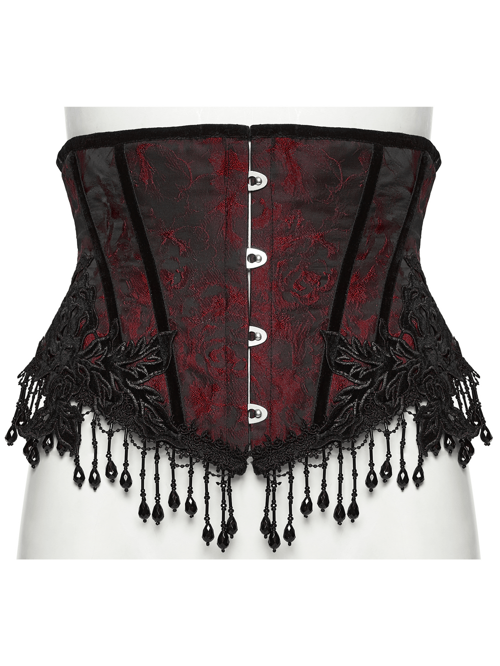 Alt Tag: Wine Red Jacquard Gothic Underbust Corset with Fringe, black lace sides, front busk closure, beaded tassel fringe hem