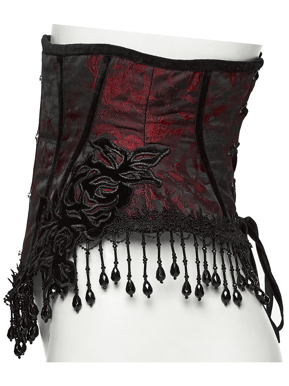 Alt Tag: Wine Red Jacquard Gothic Underbust Corset with Fringe, black rose applique, beaded tassel fringe, lace-up back waist cincher