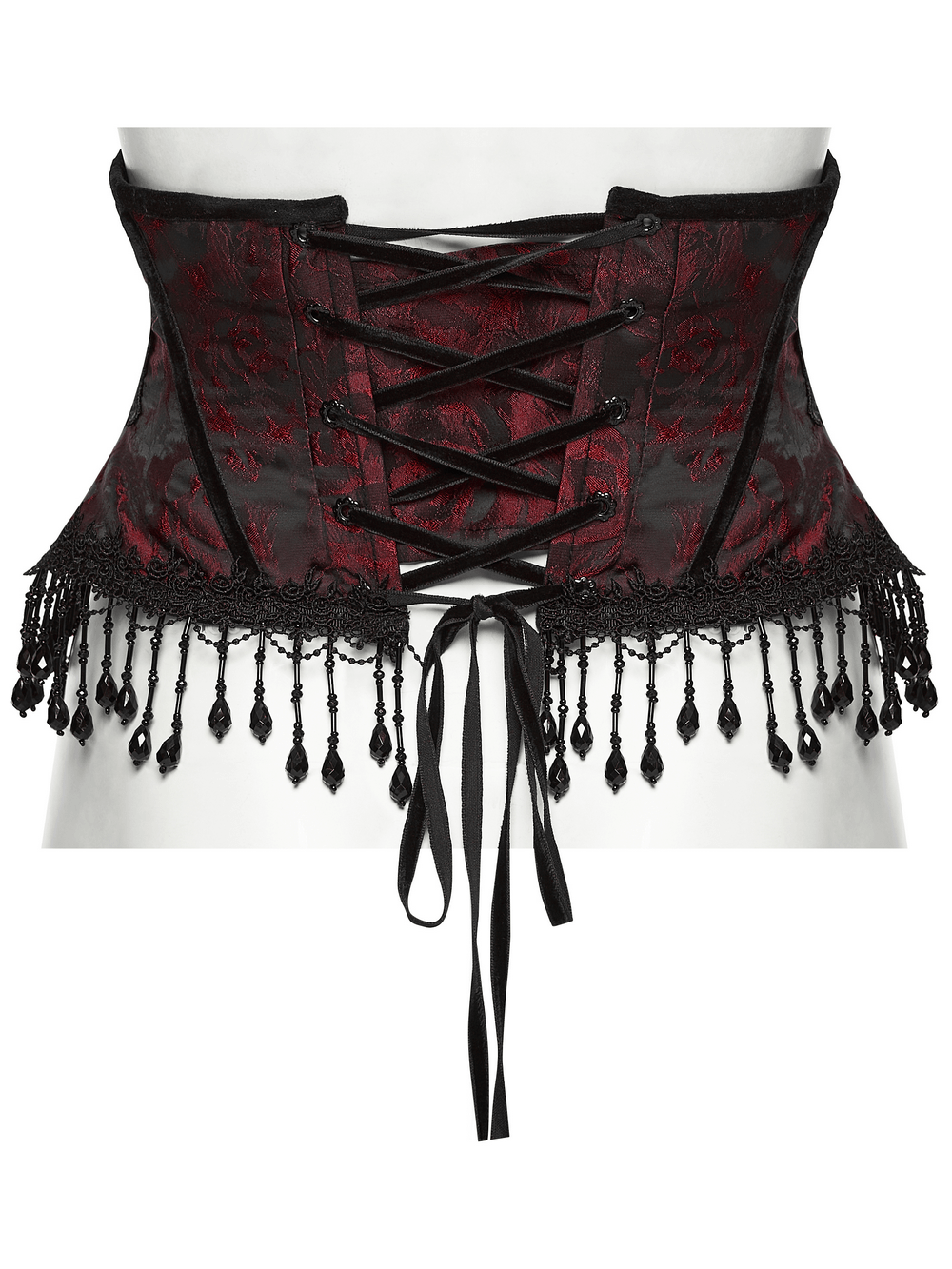 Alt Tag: Wine Red Jacquard Gothic Underbust Corset with Fringe with lace-up back, rose jacquard panels, and beaded tassel hem