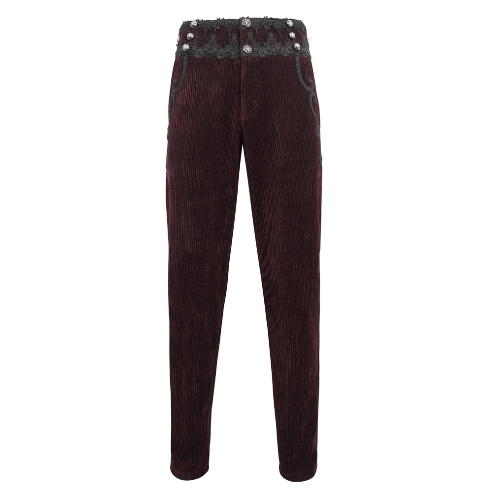 Wine red corduroy trousers with lace trim and embellished waistband, tailored for a chic, stylish look.