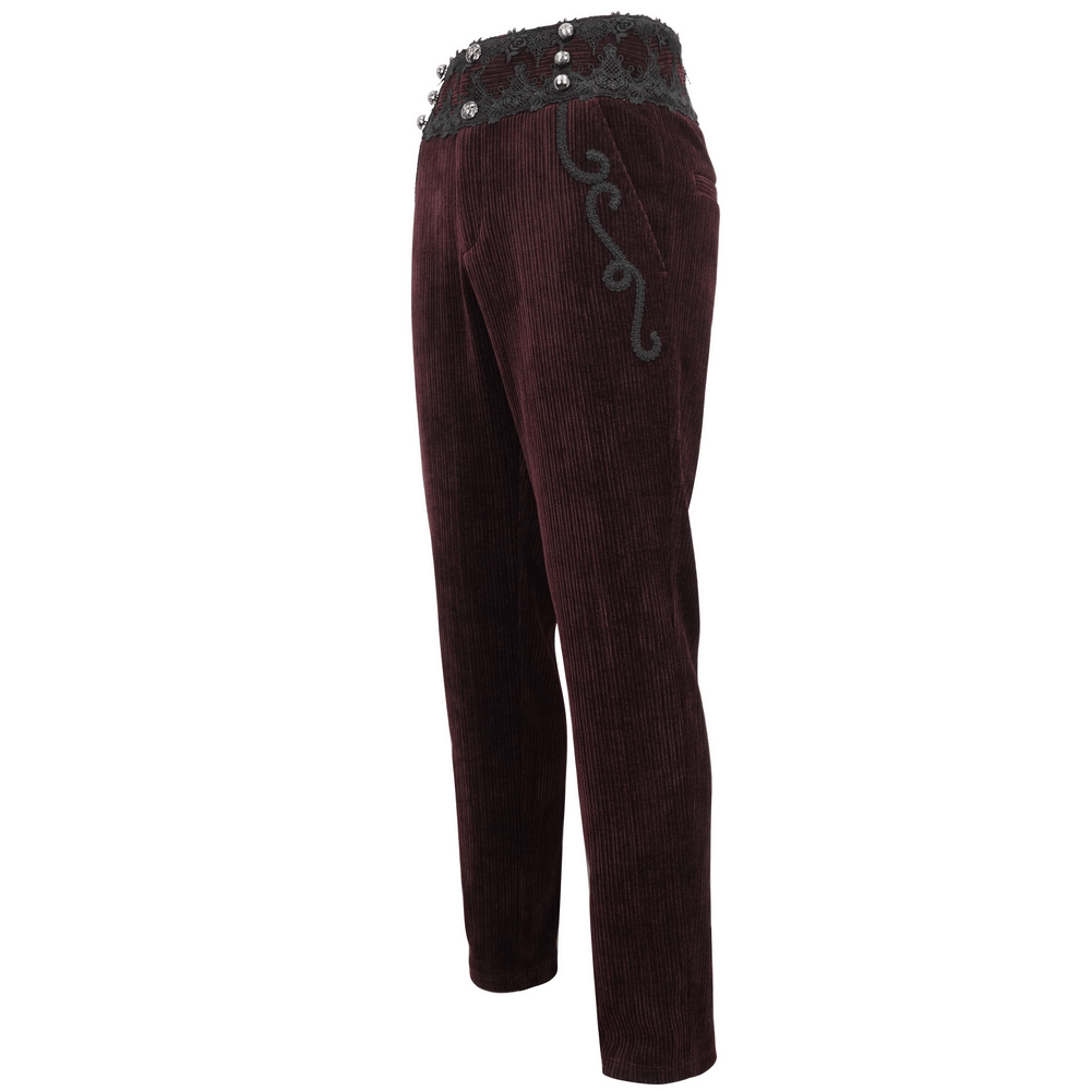 Wine red tailored corduroy trousers with lace trim and unique embellishments for a stylish alternative look.