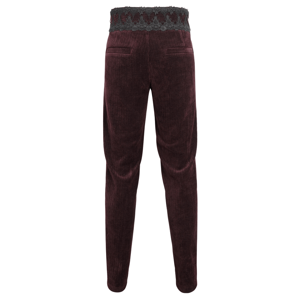 Back view of wine-red lace-trimmed corduroy tailored trousers with pockets and elegant detailing.