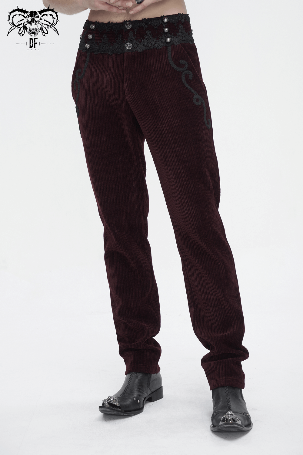 Crimson elegance: tailored wine red corduroy trousers with lace trim and stylish detailing, perfect for a chic alternative look.