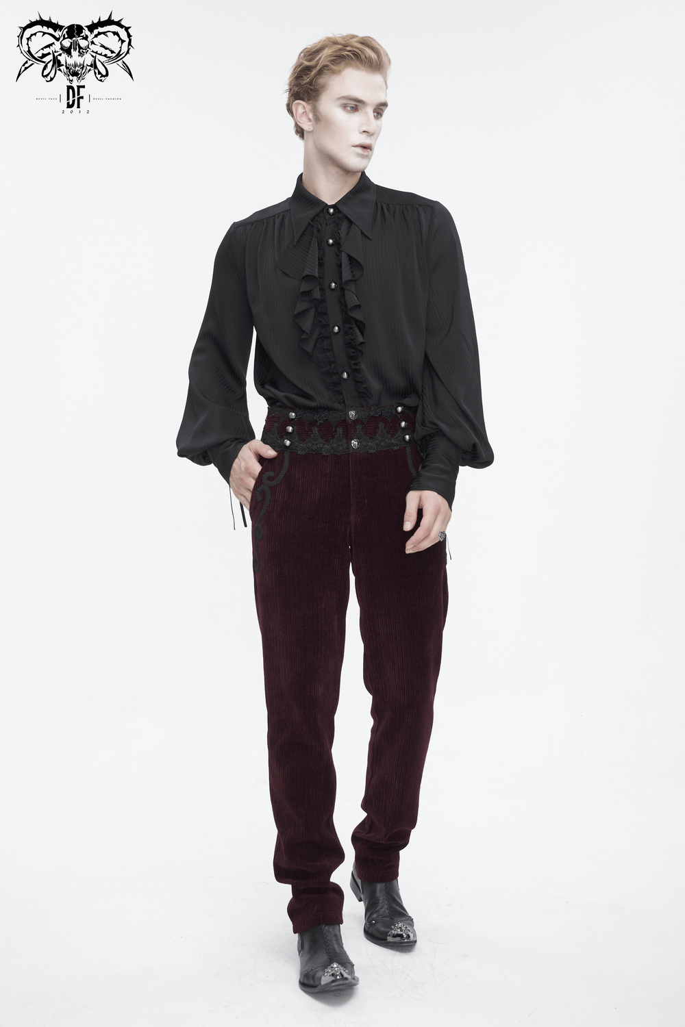 Wine Red Lace-Trimmed Corduroy Tailored Trousers - HARD'N'HEAVY