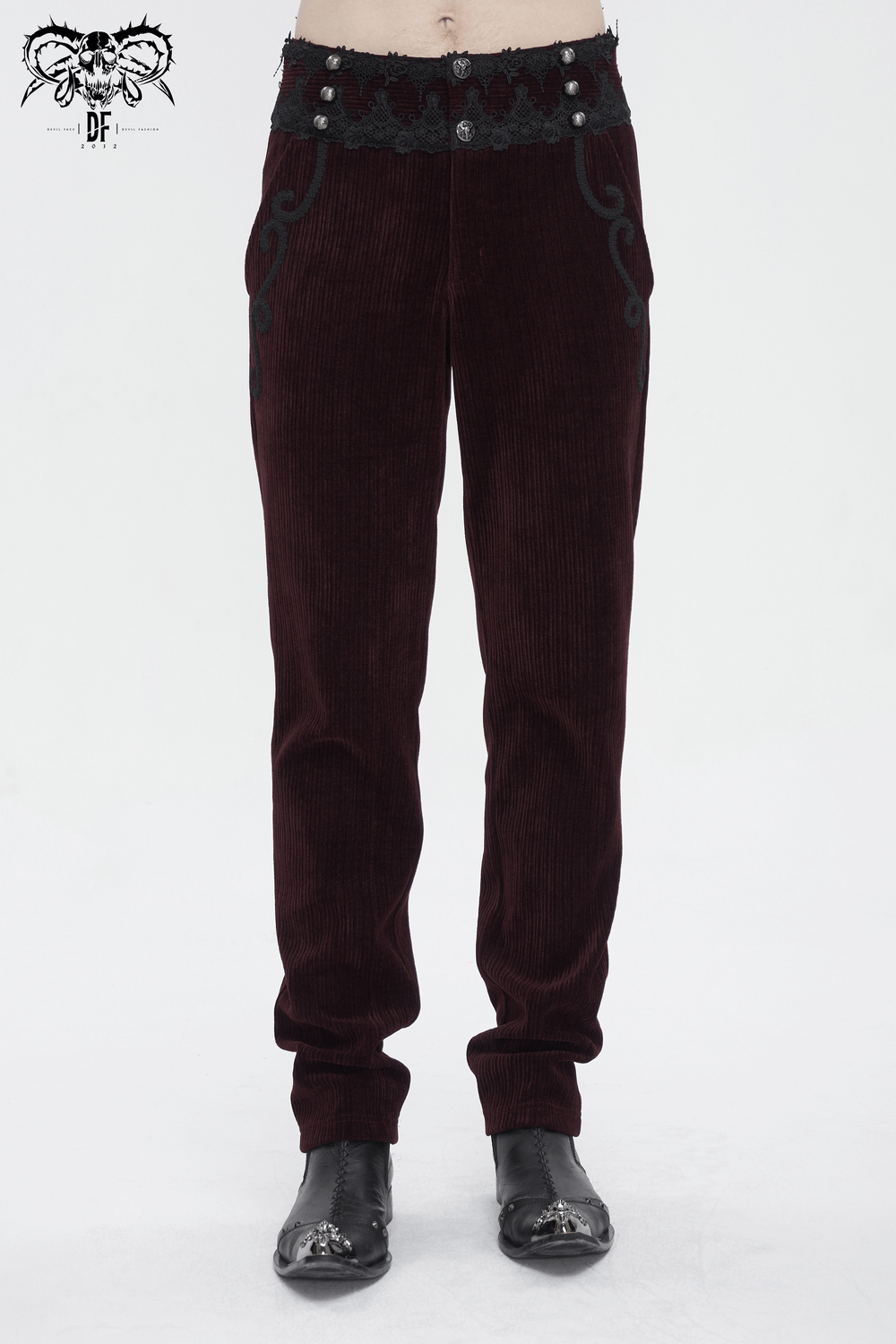 Wine red lace-trimmed tailored corduroy trousers for men, showcasing intricate detailing and a stylish fit.