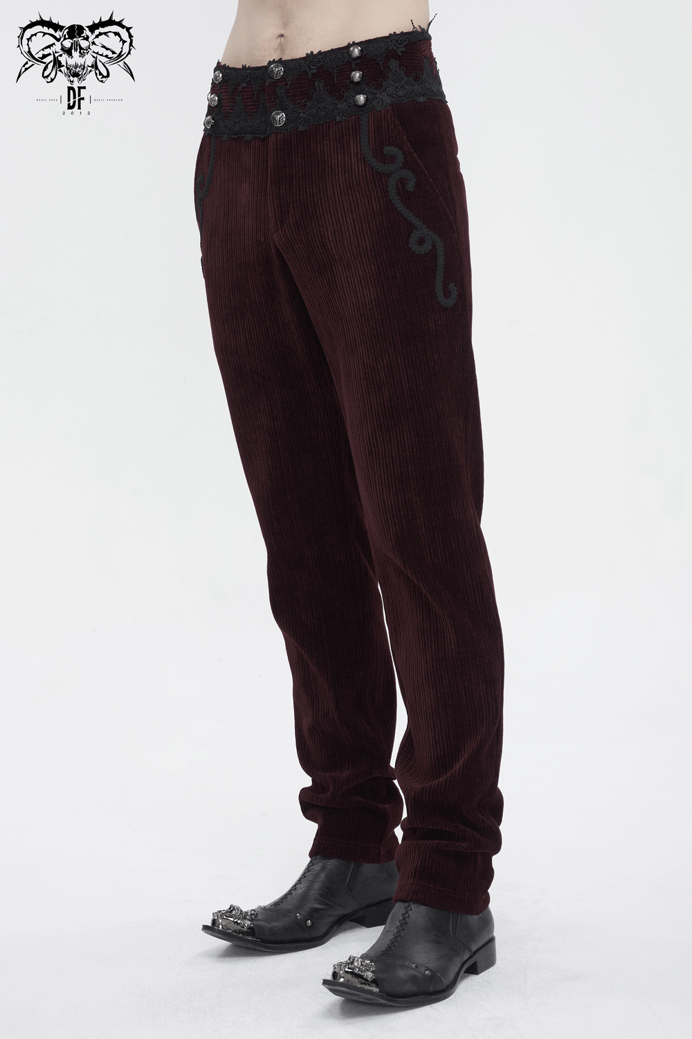 Men's wine red corduroy trousers with lace trim and stylish details, perfect for refined alternative fashion.