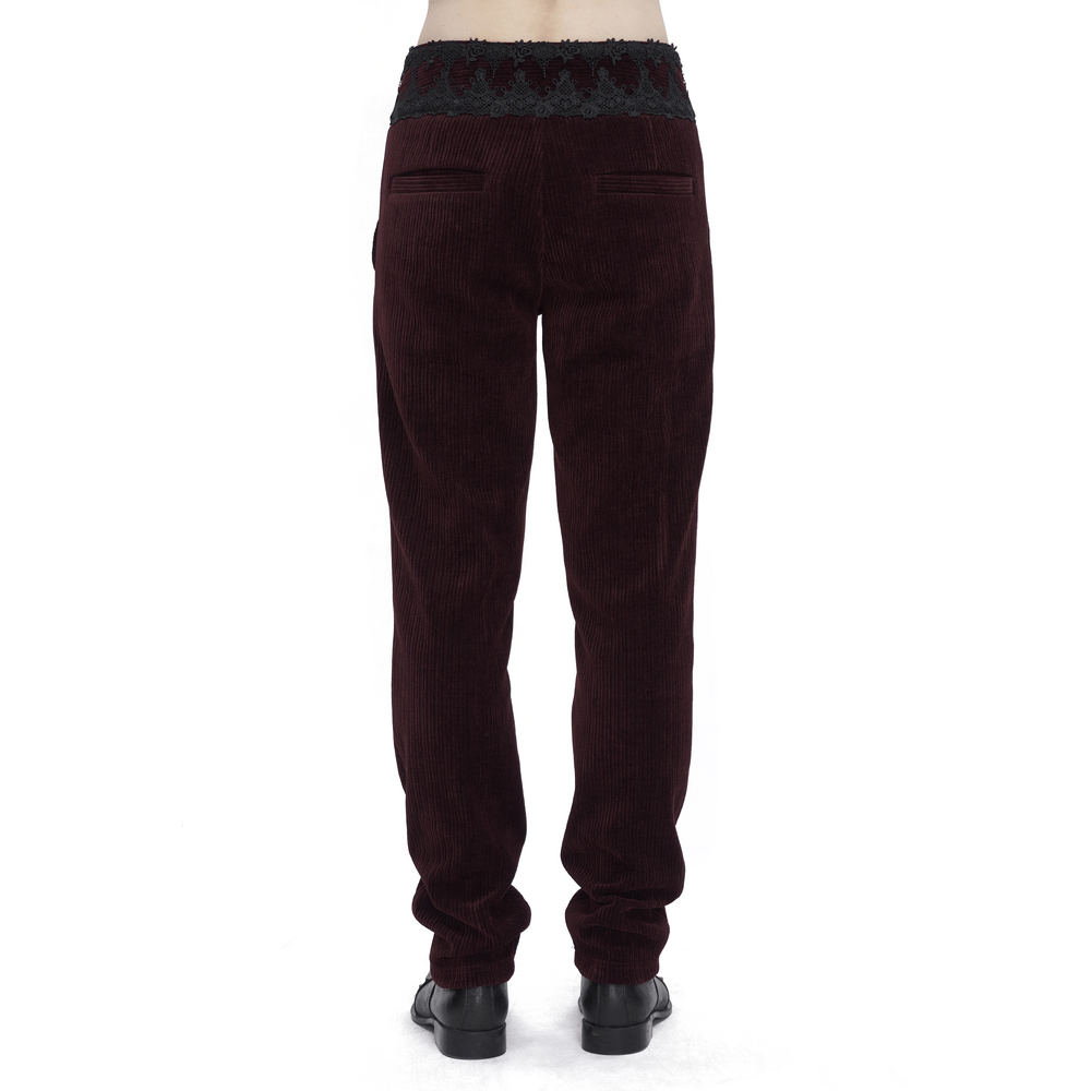 Wine Red Lace-Trimmed Corduroy Tailored Trousers - HARD'N'HEAVY