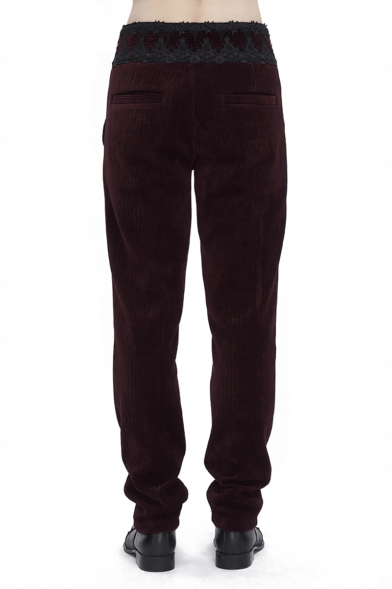 Back view of wine red corduroy tailored trousers with lace trim details, featuring a stylish and refined design.
