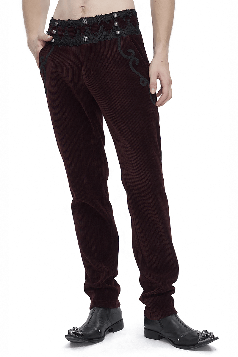Men's wine red corduroy trousers with lace trim, tailored for a refined and edgy style.